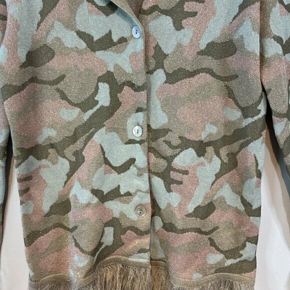 Gabby Isabella Camo Print Metallic Fringed Cardigan Size Small - Picture 3 of 11